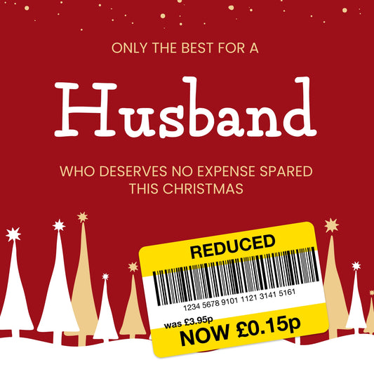 Funny Christmas Card for Husband - Reduced Sticker, Xmas Tree Scene