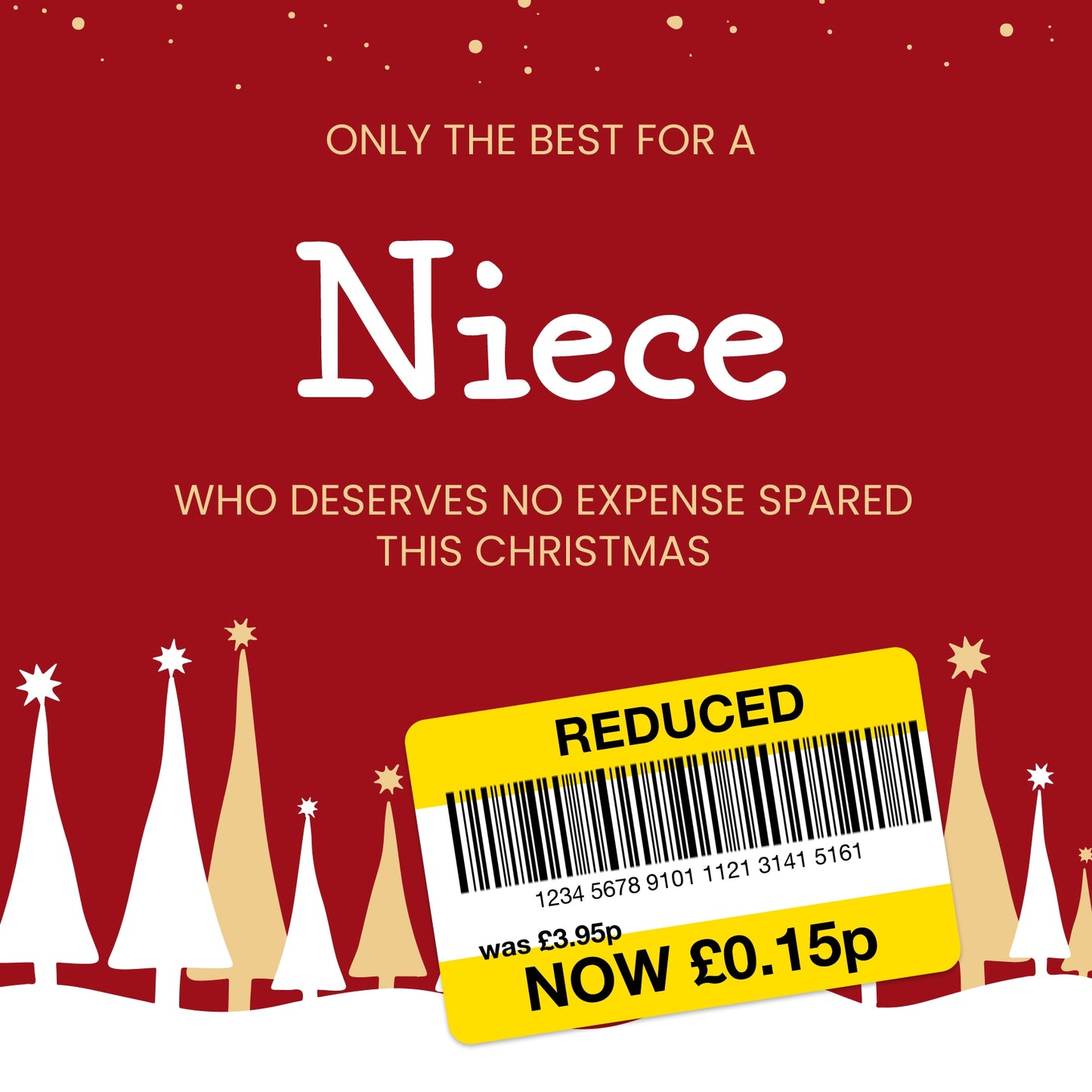 Funny Christmas Card for Niece - Reduced Sticker, Xmas Tree Scene