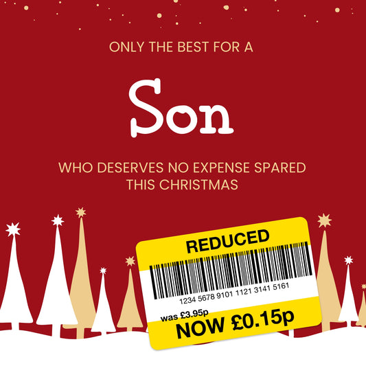 Funny Christmas Card for Son - Reduced Sticker, Xmas Tree Scene