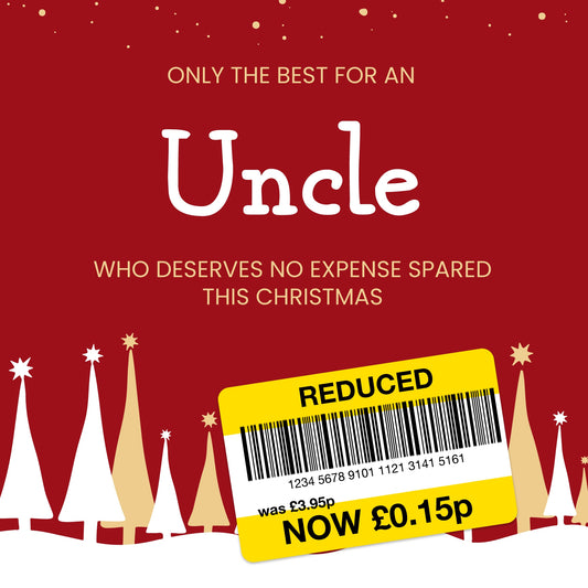 Funny Christmas Card for Uncle - Reduced Sticker, Xmas Tree Scene