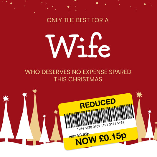 Funny Christmas Card for Wife - Reduced Sticker, Xmas Tree Scene