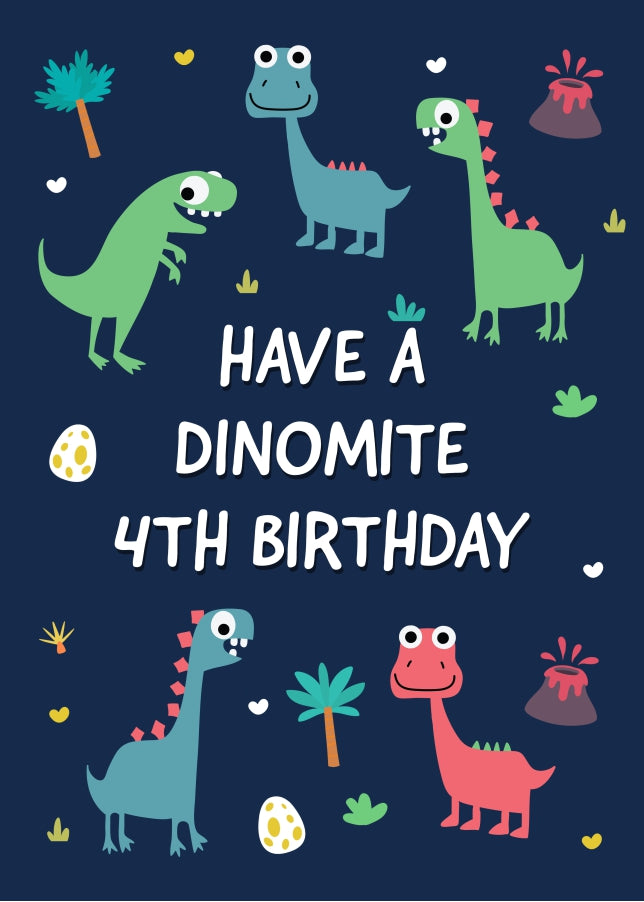 Kids Dino 4th Birthday Greetings Card