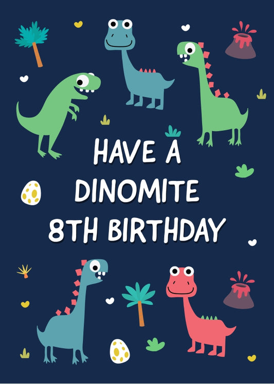 Kids Dino 8th Birthday Greetings Card