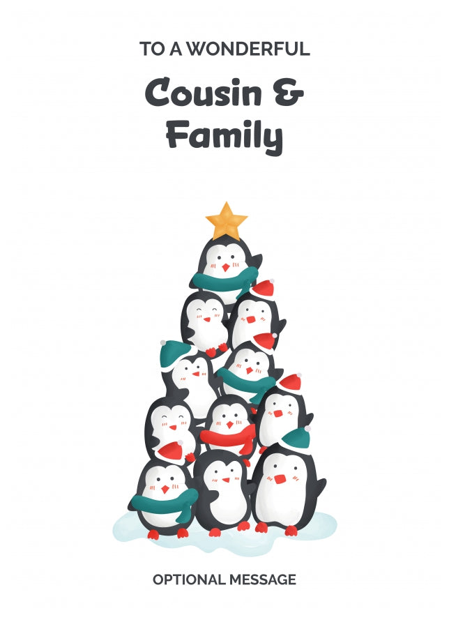 Cousin and Family Christmas Card - Penguin Tree