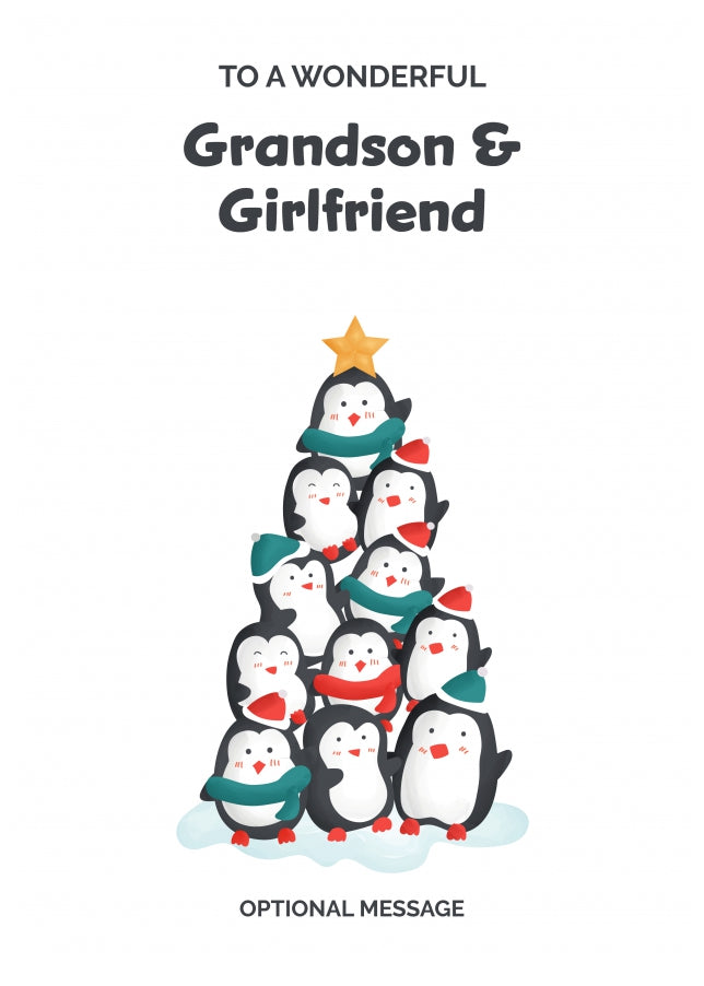 Grandson and Girlfriend Christmas Card - Penguin Tree