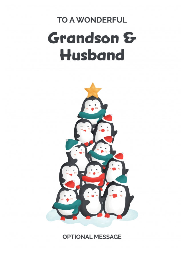 Grandson and Husband Christmas Card - Penguin Tree