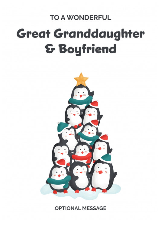 Great Granddaughter and Boyfriend Christmas Card - Penguin Tree