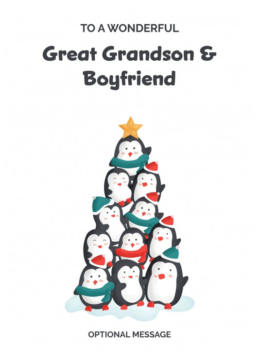 Great Grandson and Boyfriend Christmas Card - Penguin Tree