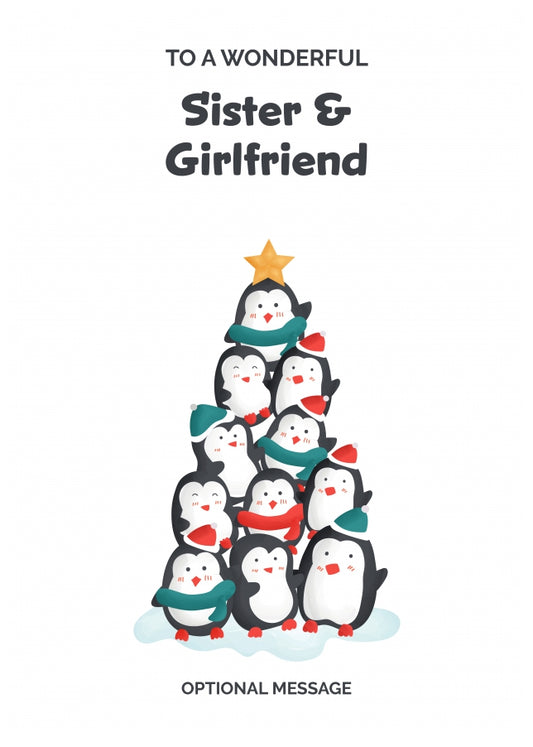 Sister and Girlfriend Christmas Card - Penguin Tree