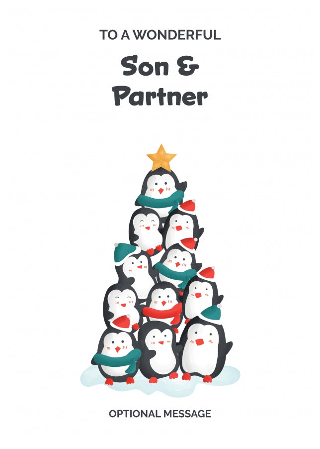 Son and Partner Christmas Card - Penguin Tree