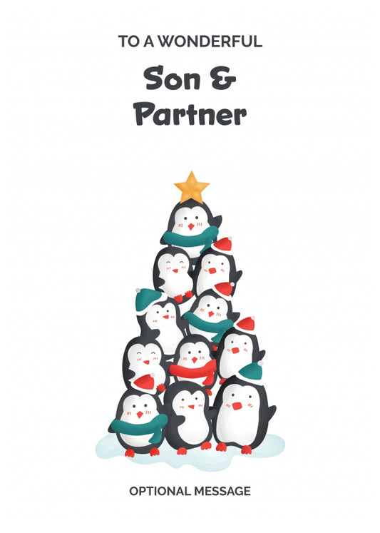 Son and Partner Christmas Card - Penguin Tree