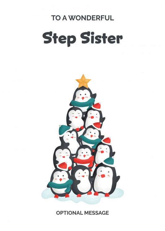 Step Sister Christmas Card - Penguin Tree