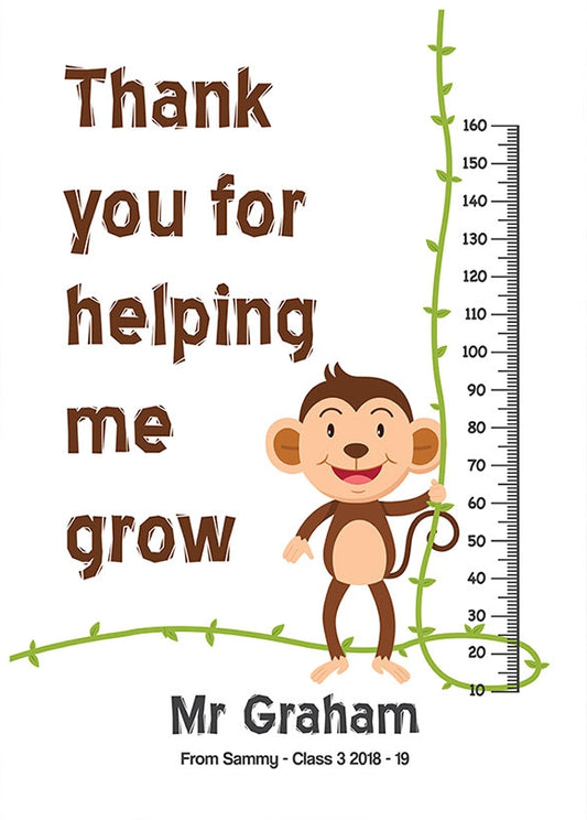 Personalised Teacher Card - Thanks for helping me grow (Monkey)