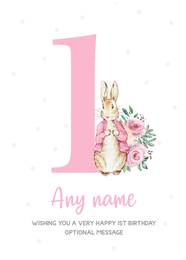Cute 1st Birthday Card - Pink Bunny Rabbit - Age 1