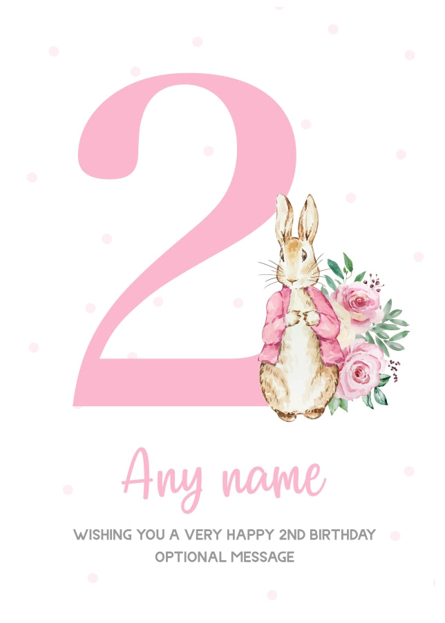 Cute 2nd Birthday Card - Pink Bunny Rabbit - Age 2