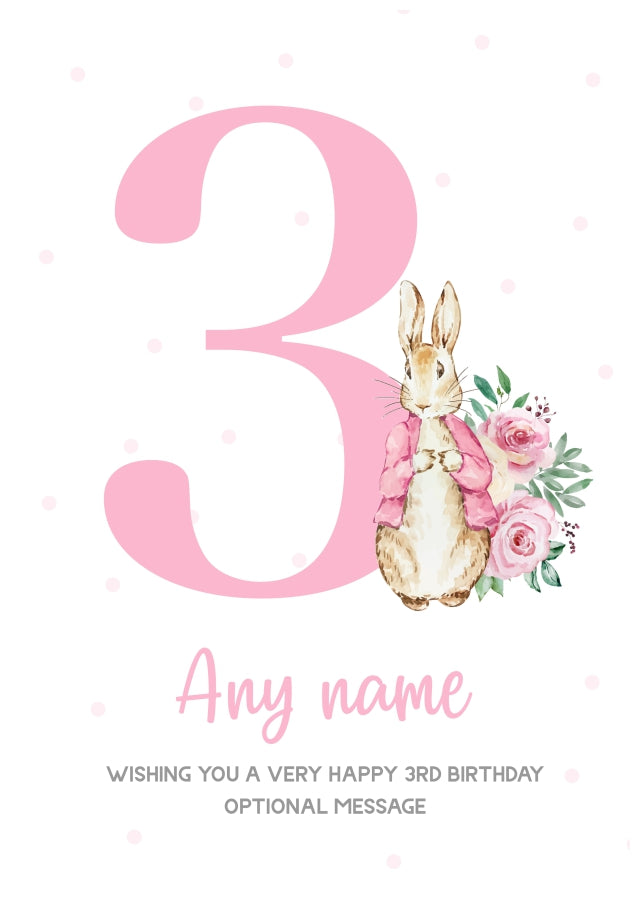 Cute 3rd Birthday Card - Pink Bunny Rabbit - Age 3