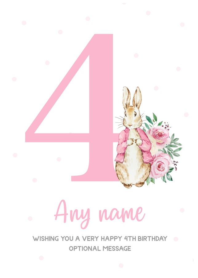 Cute 4th Birthday Card - Pink Bunny Rabbit - Age 4