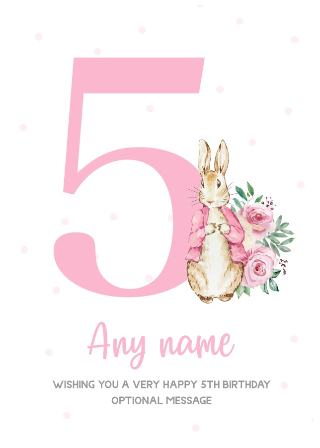 Cute 5th Birthday Card - Pink Bunny Rabbit - Age 5