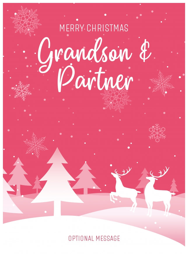 Pink Christmas Card for Grandson & Partner - Special Winter Scene Card