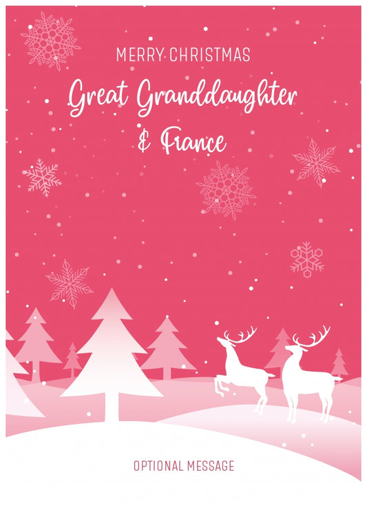 Pink Christmas Card for Great Granddaughter & Fiance - Special Winter Scene Card