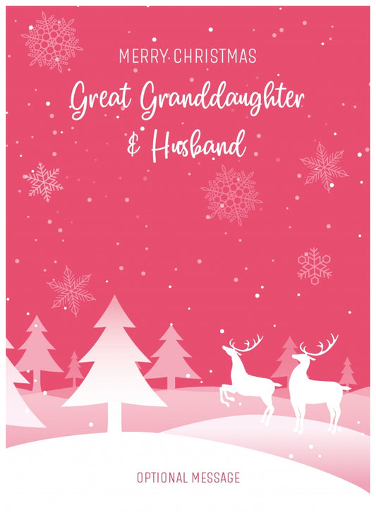 Pink Christmas Card for Great Granddaughter & Husband - Special Winter Scene Card