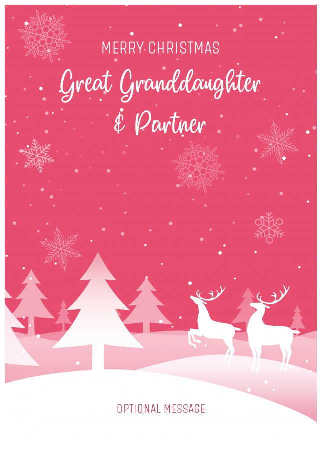 Pink Christmas Card for Great Granddaughter & Partner - Special Winter Scene Card