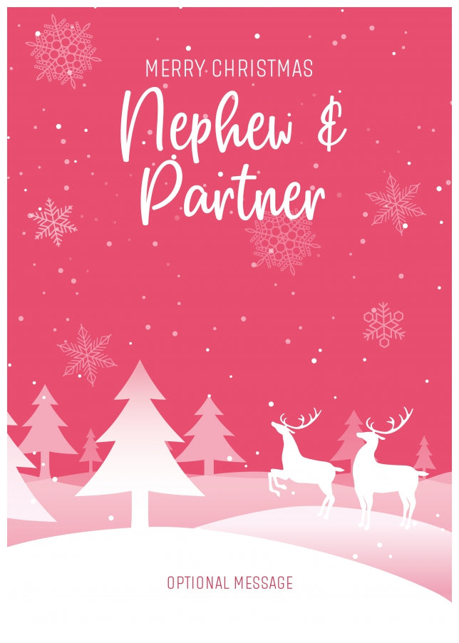 Pink Christmas Card for Nephew & Partner - Special Winter Scene Card