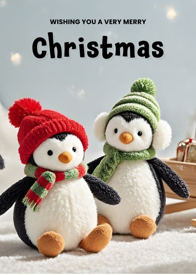 Christmas Card for Girls - Cute Plush Penguins