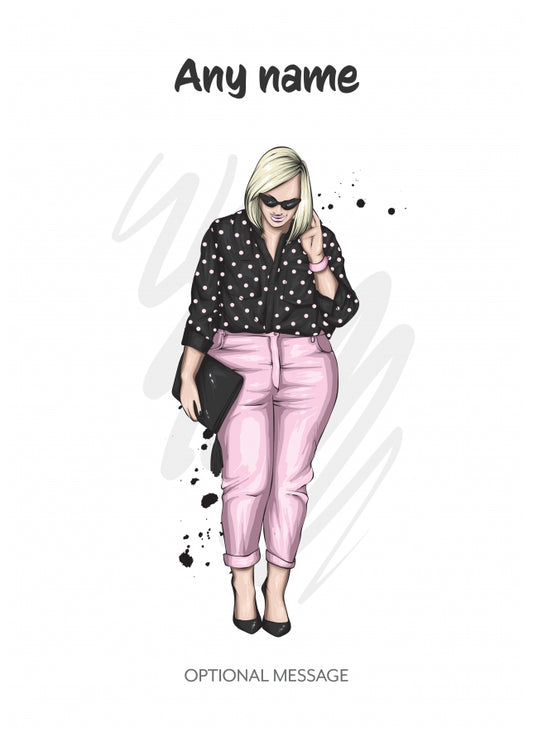 Pretty Blonde in Pink Jeans - Personalised Girls Birthday Cards