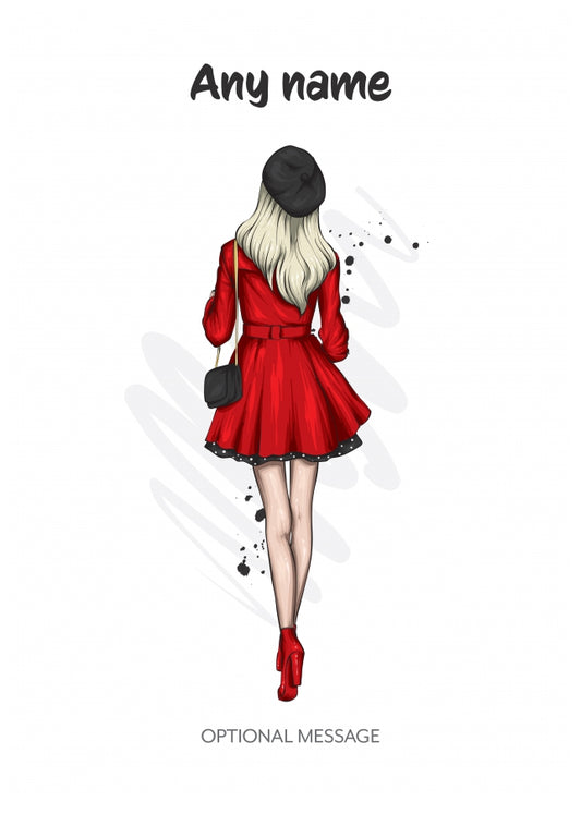 Pretty Blonde in Red Coat - Personalised Girls Birthday Cards