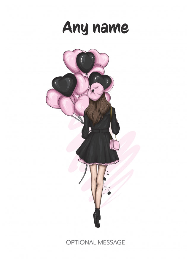 Pretty Brunette with Heart Balloons - Personalised Girls Birthday Cards