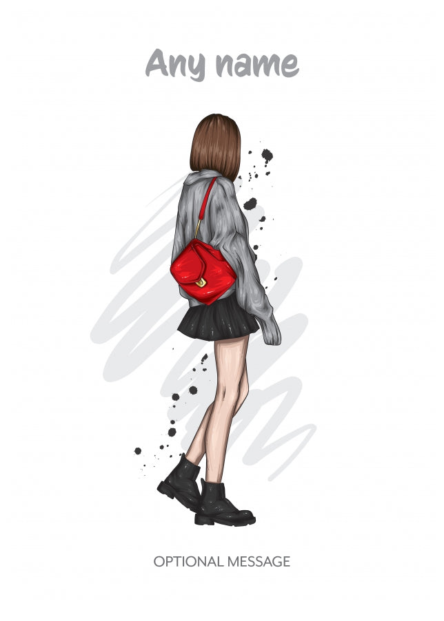 Pretty Brunette with Red Bag - Personalised Girls Birthday Cards