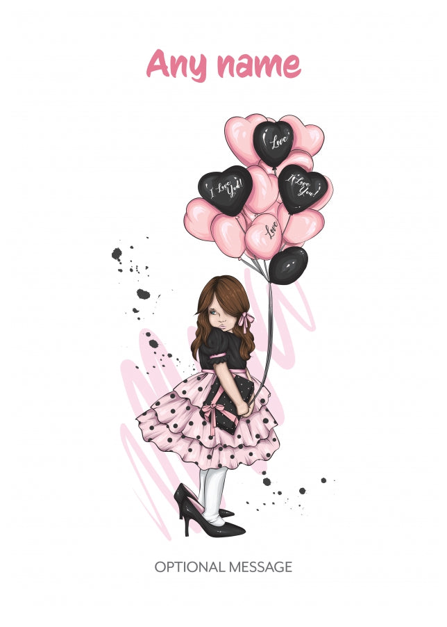 Pretty Young Girl in Big Shoes with Balloons - Personalised Girls Birthday Cards