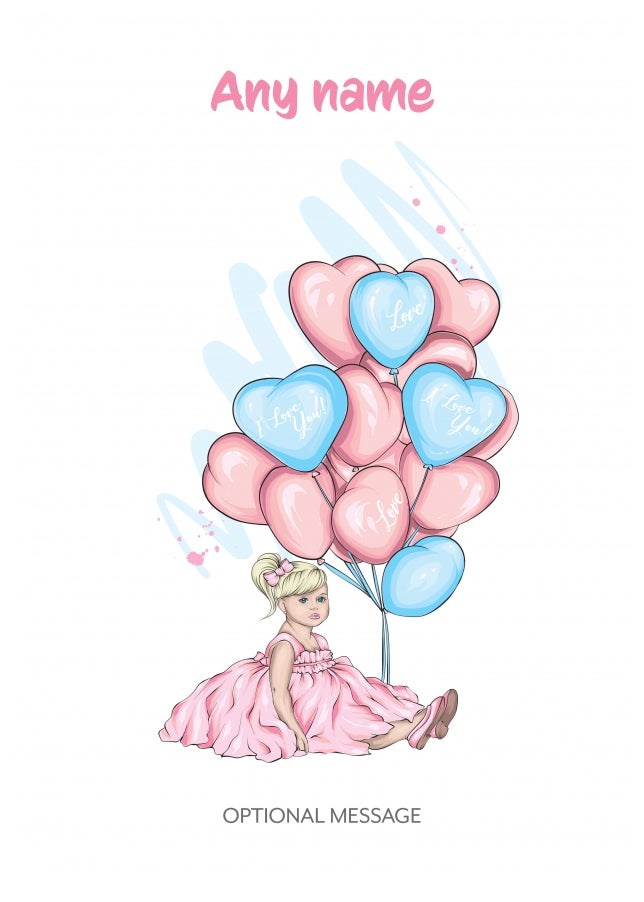 Pretty Young Girl Sat Down with Balloons - Personalised Girls Birthday Cards