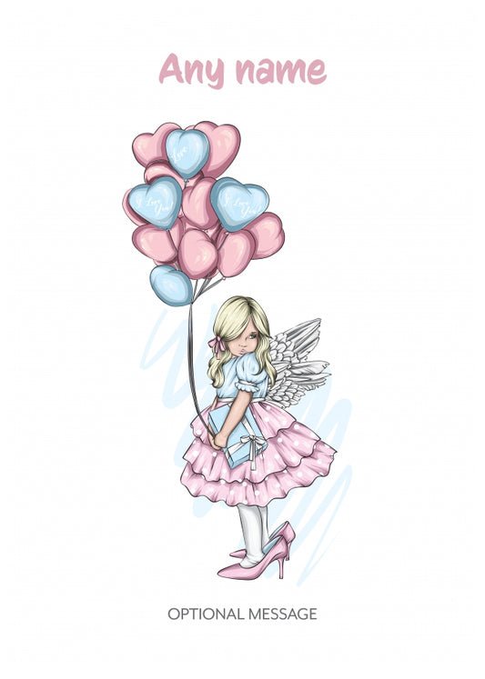 Pretty Young Girl with Heart Balloons - Personalised Girls Birthday Cards