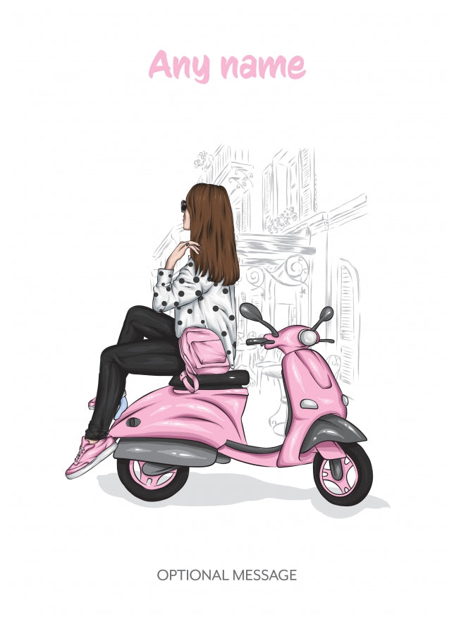 Pretty Girl on a Moped - Personalised Birthday Cards for Women