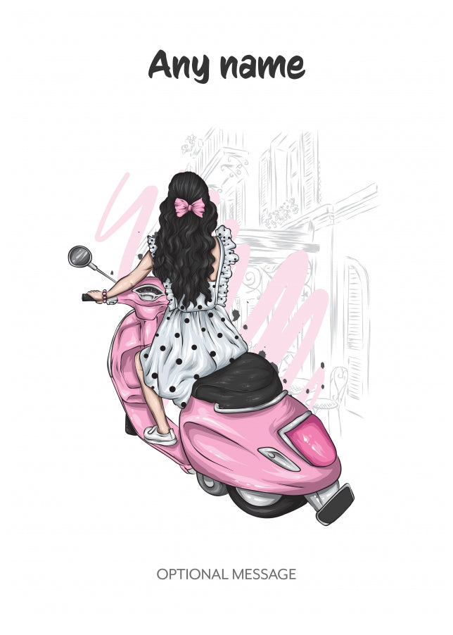 Pretty Girl Riding a Moped - Personalised Birthday Cards for Women