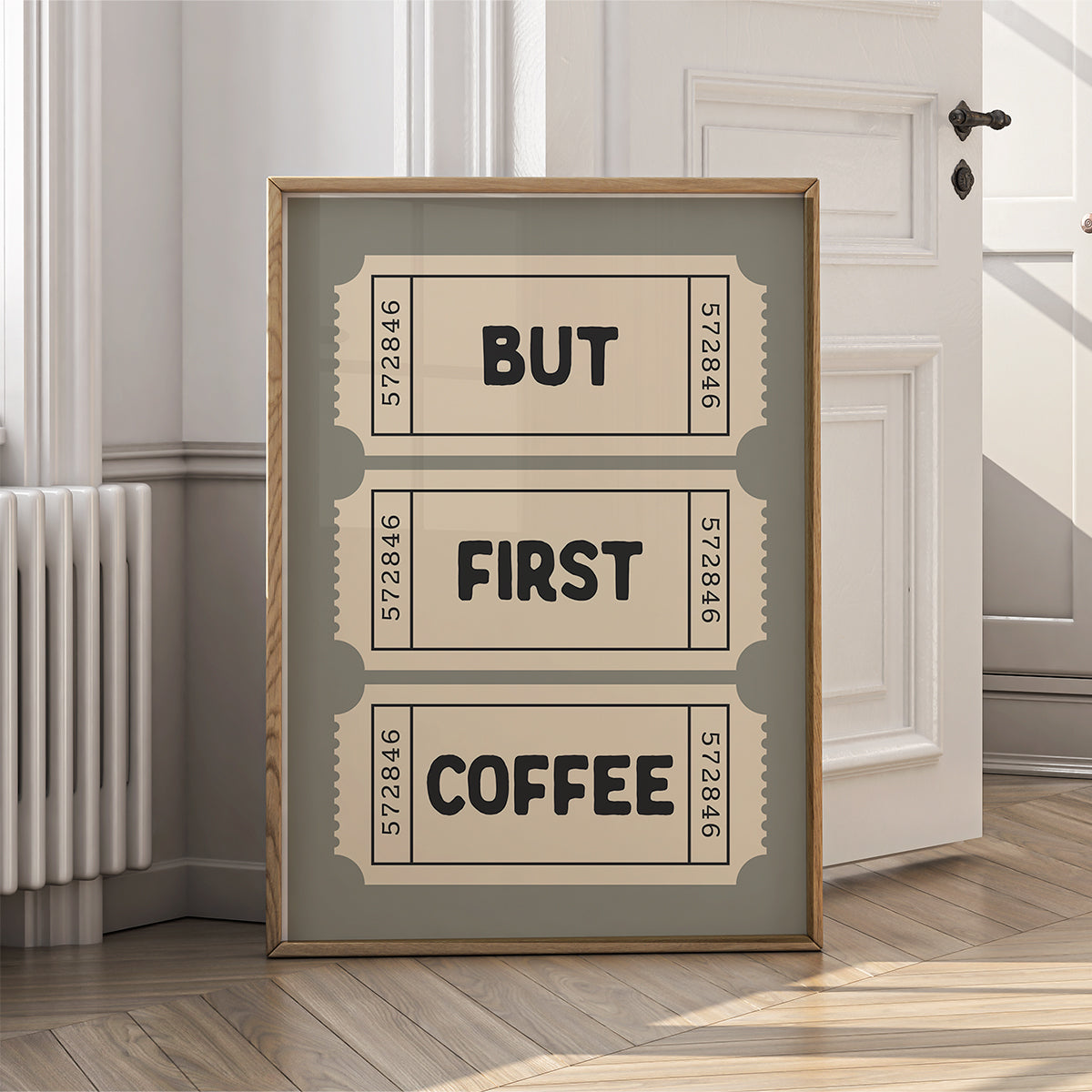 Retro Ticket Wall Art Print for Home - But first coffee