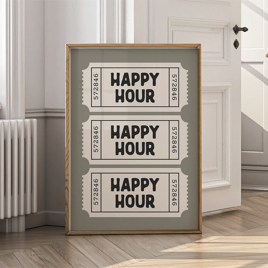 Retro Ticket Wall Art Print for Home - Happy Hour