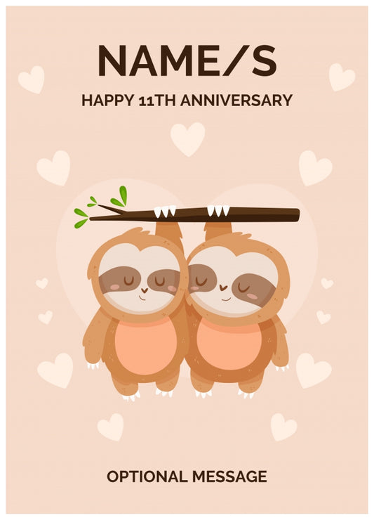 Sloth 11 Year Wedding Anniversary Card for Mummy and Daddy