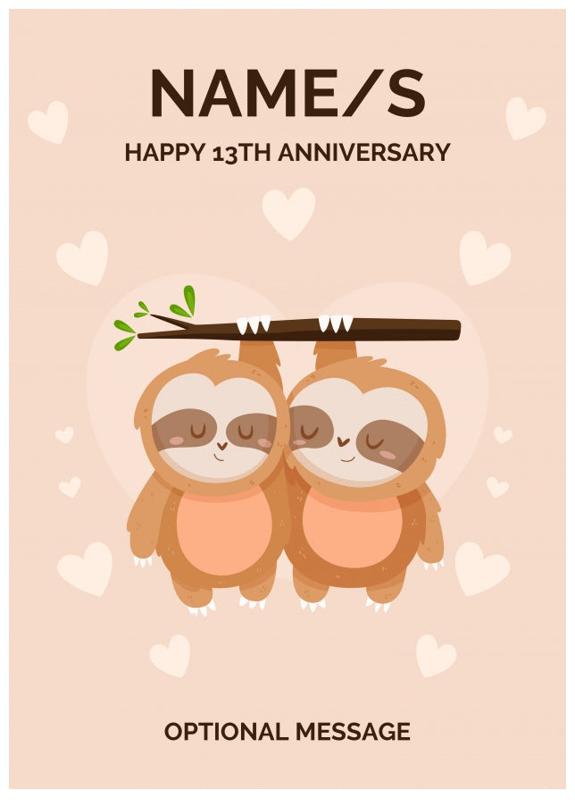 Sloth 13th Wedding Anniversary Card for Couples