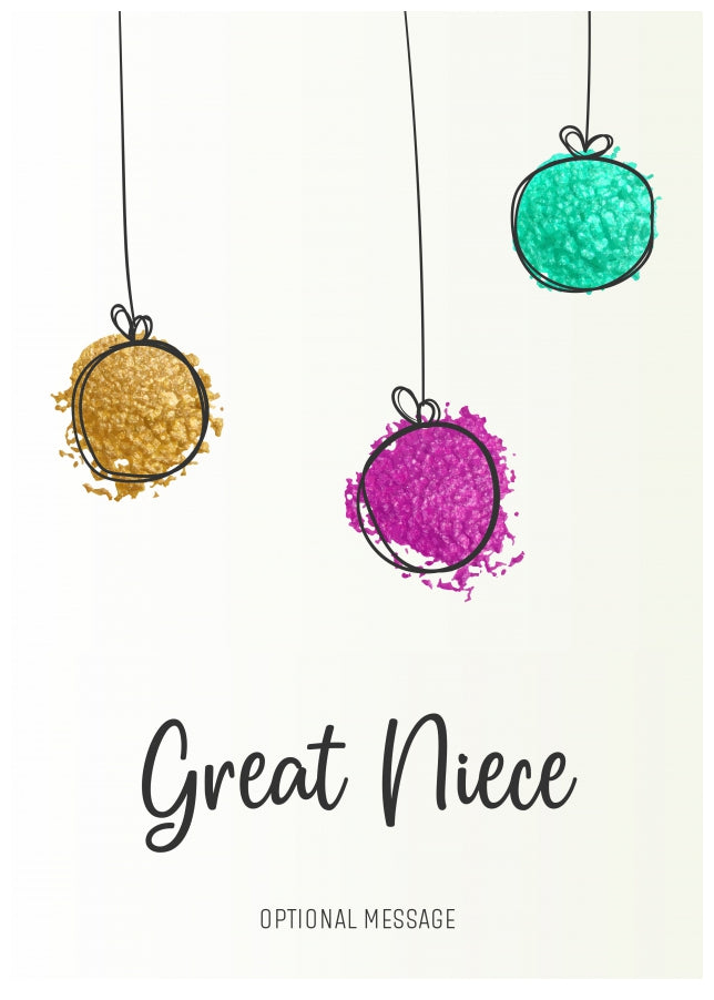 Modern Christmas Card for Great Niece - Splatter Baubles