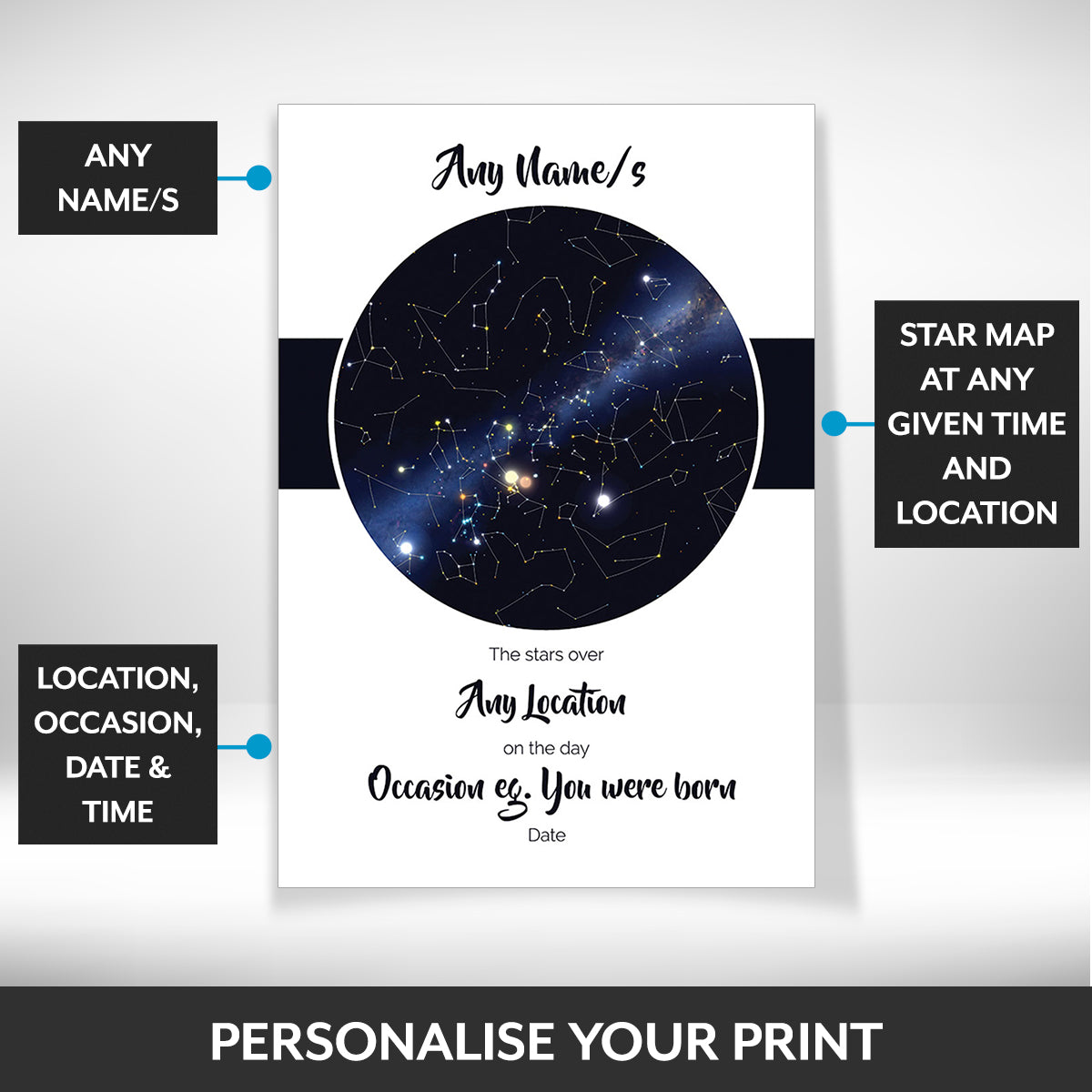 What can be personalised on this custom star map