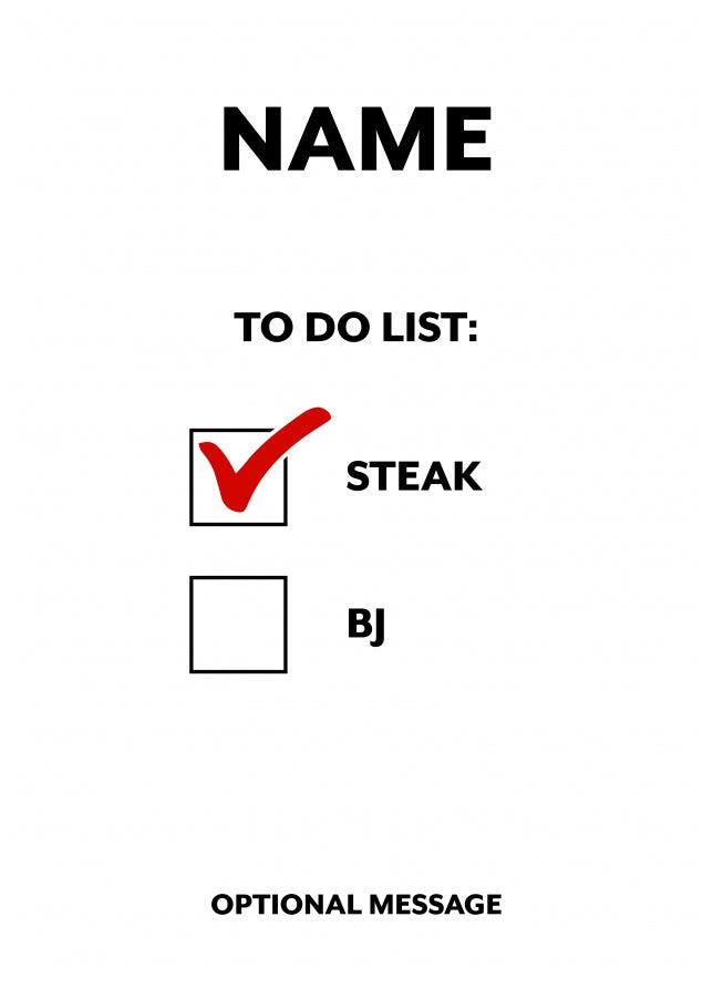 Personalised Steak and BJ Card for Him | To Do List