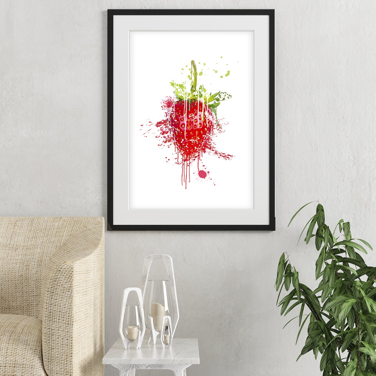 strawberry wall art shown in a living room