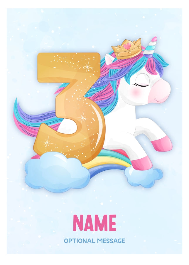 Girls 3rd Birthday Card for Kids Age 3 Yrs - Unicorn