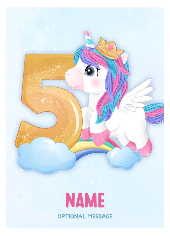 Girls 5th Birthday Card for Kids Age 5 Yrs - Unicorn