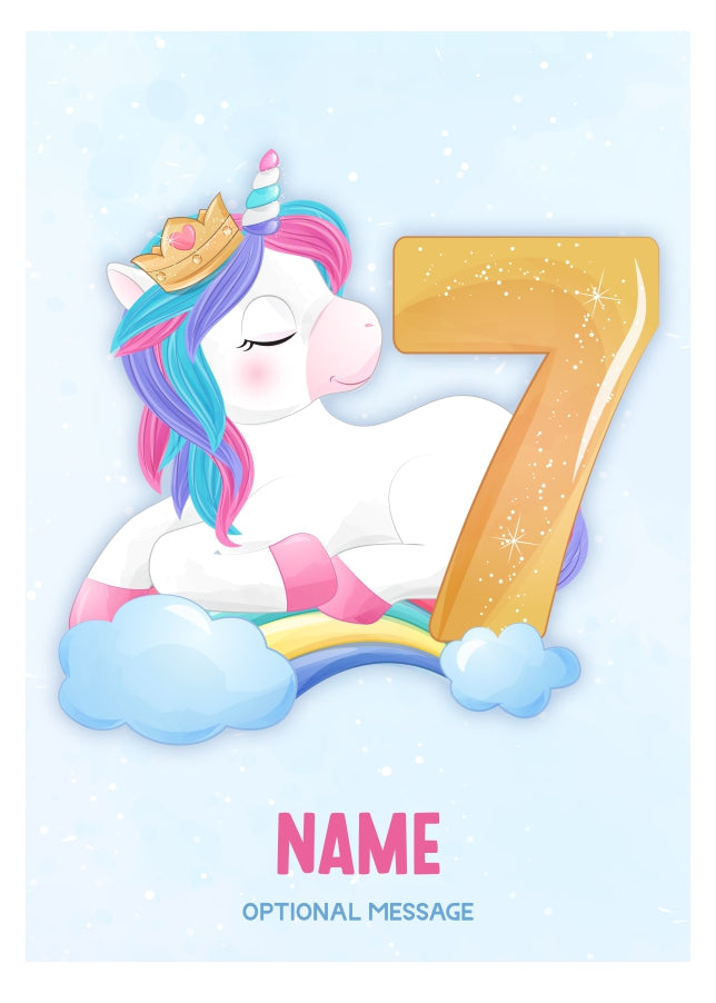 Girls 7th Birthday Card for Kids Age 7 Yrs - Unicorn