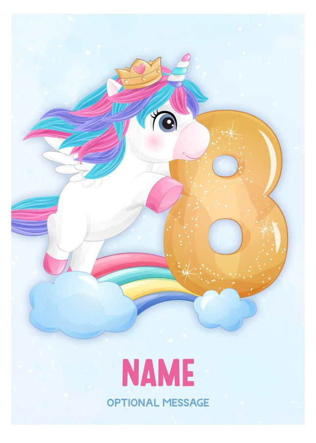 Girls 8th Birthday Card for Kids Age 8 Yrs - Unicorn