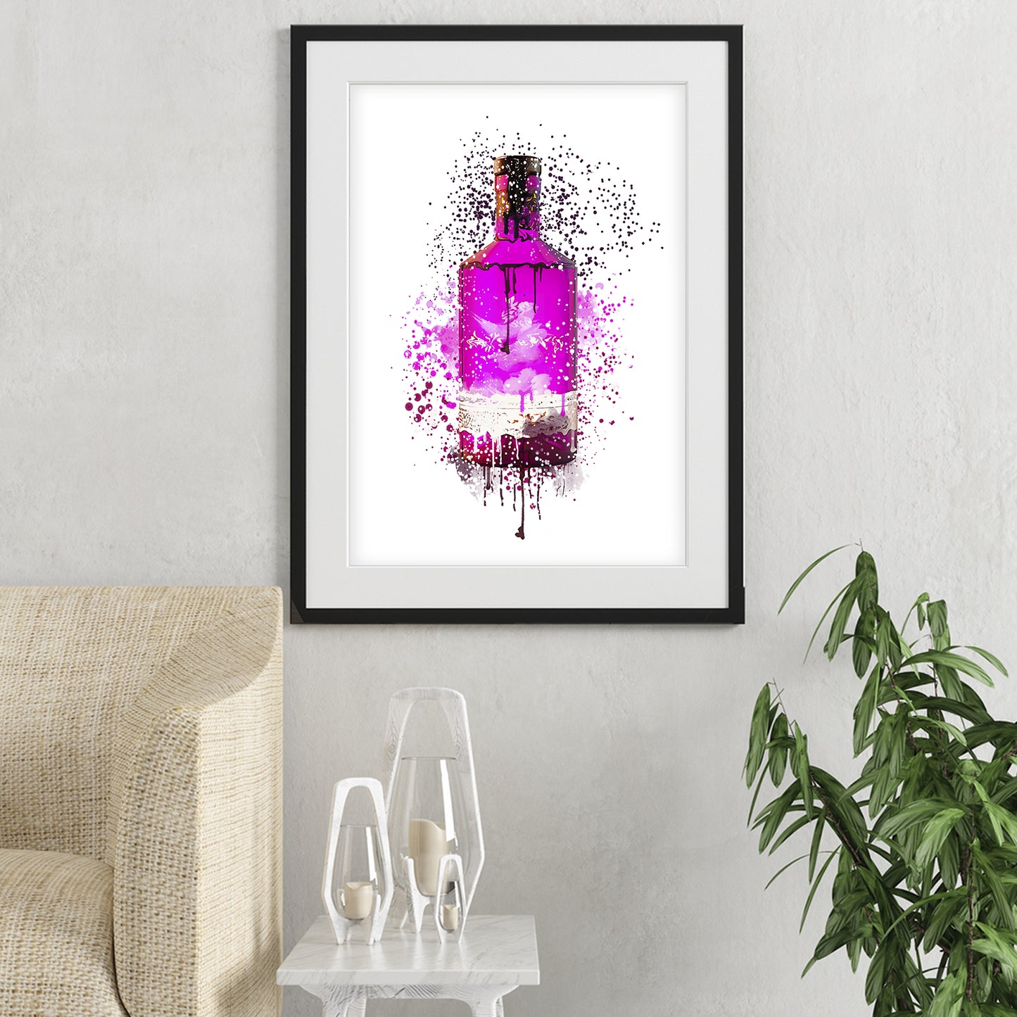 gin bottle wall art shown in a living room